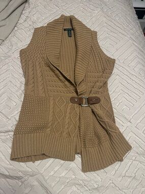Lauren Ralph Lauren Camel Cable-Knit Belted Sleeveless Cardigan